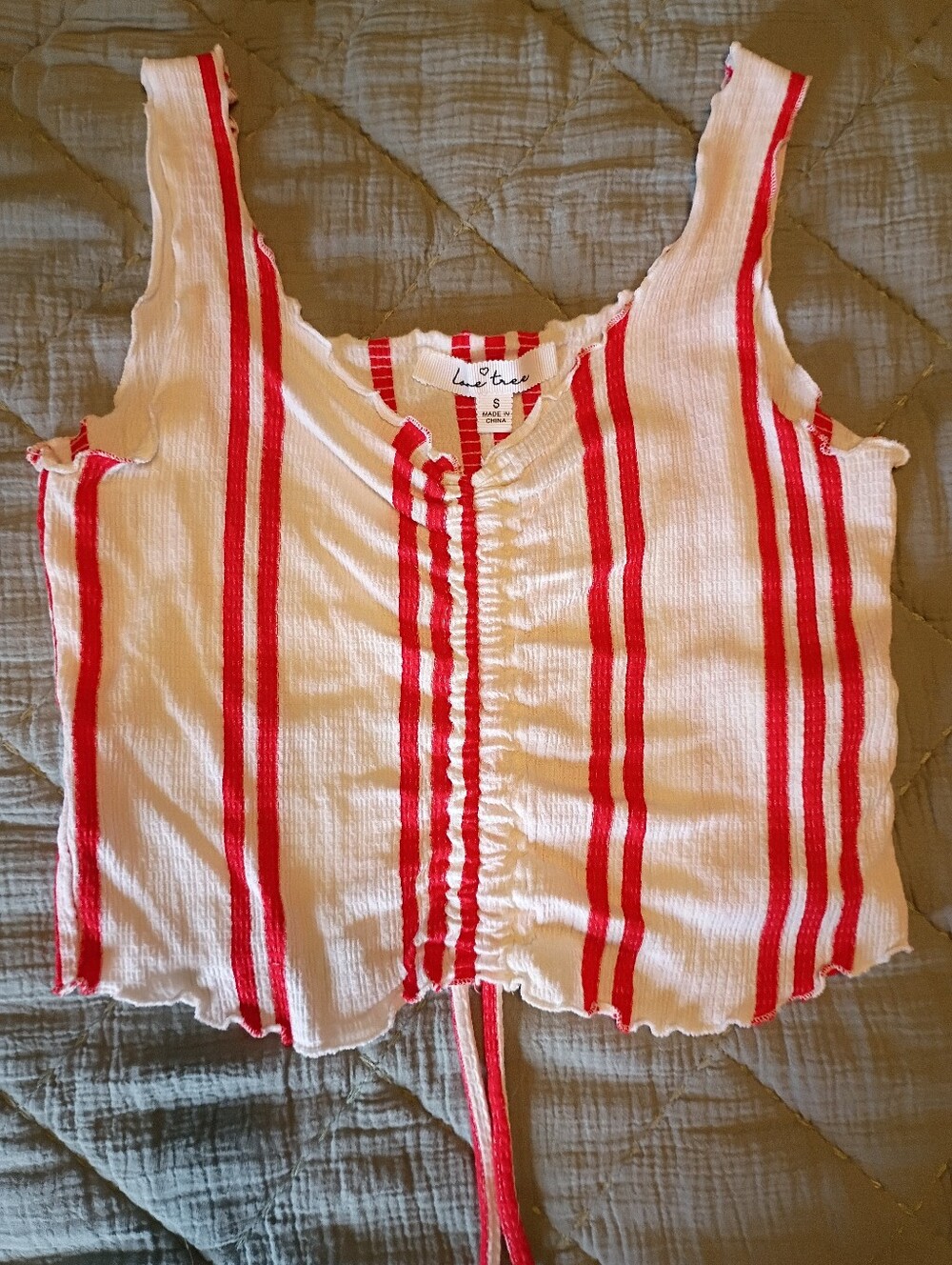 Love Tree Striped Ruched Crop Top Tank Small Red White